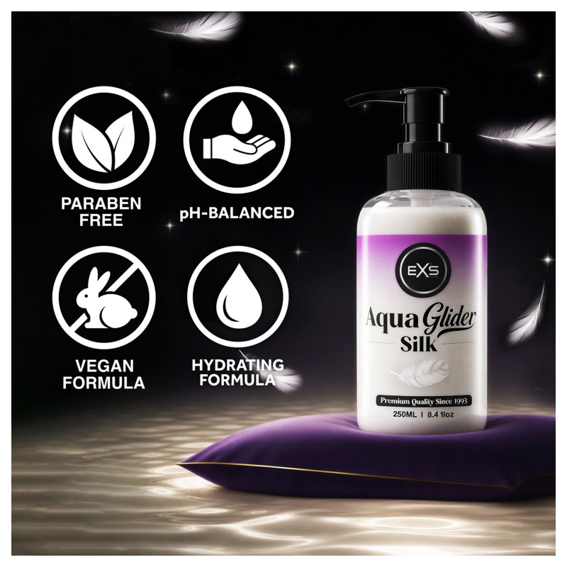 EXS AquaGlider Silk - selymes vízbázisú síkosító pumpás flakonban (250ml) 171180 termék bemutató kép