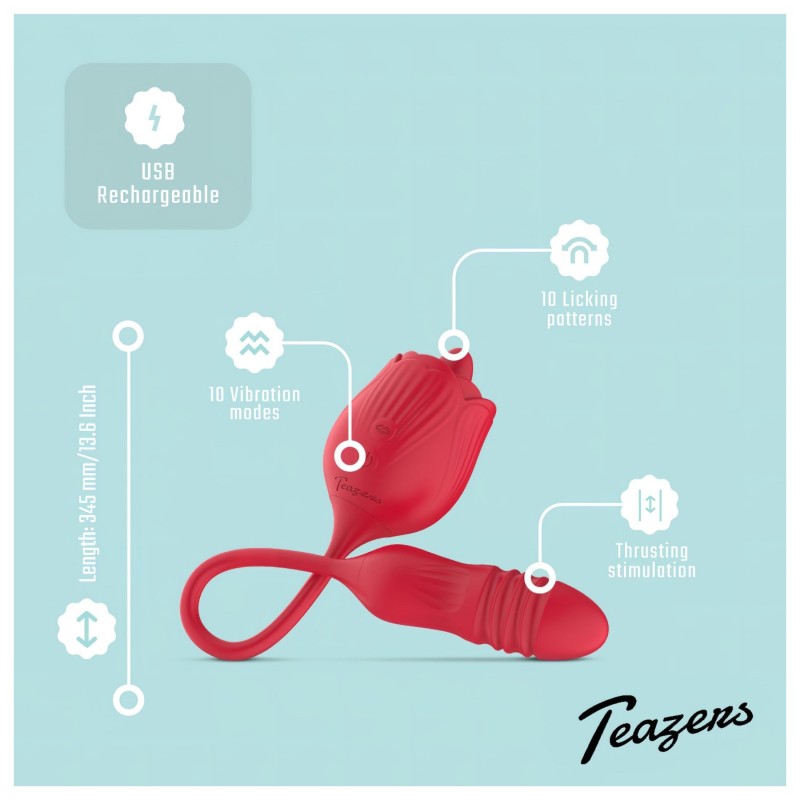 Teazers Rose - lökő vibrátor nyelves csiklóizgatóval (piros) 151630 termék bemutató kép